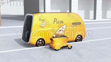 披萨盒从自动驾驶送<strong>货车</strong>转移到移动<strong>送货</strong>无人机